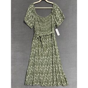 Indigo Rose Dress 3X Green Cream Floral Rayon Puff Smocked Midi Boho Cottage